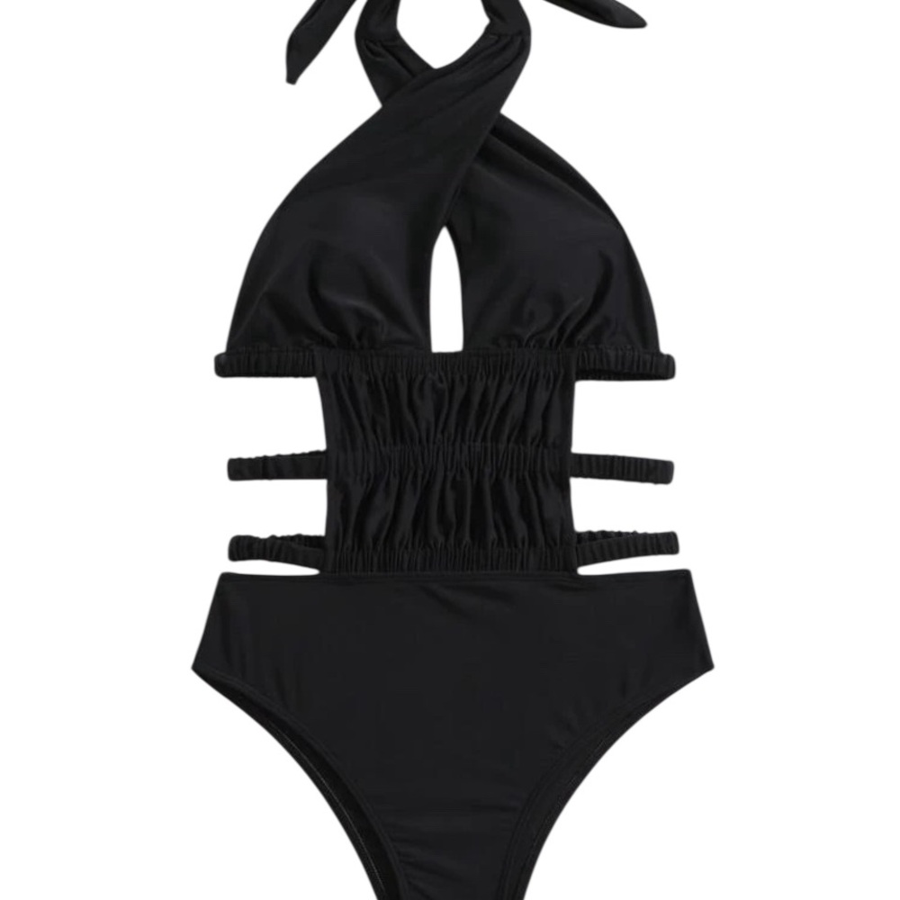 Black Halter One-Piece Swimsuit with Cutout Details